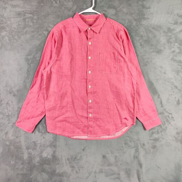 Tommy Bahama Shirt Adult Large Pink Button Up Linen Marlin Preppy Solid Men - Picture 1 of 8